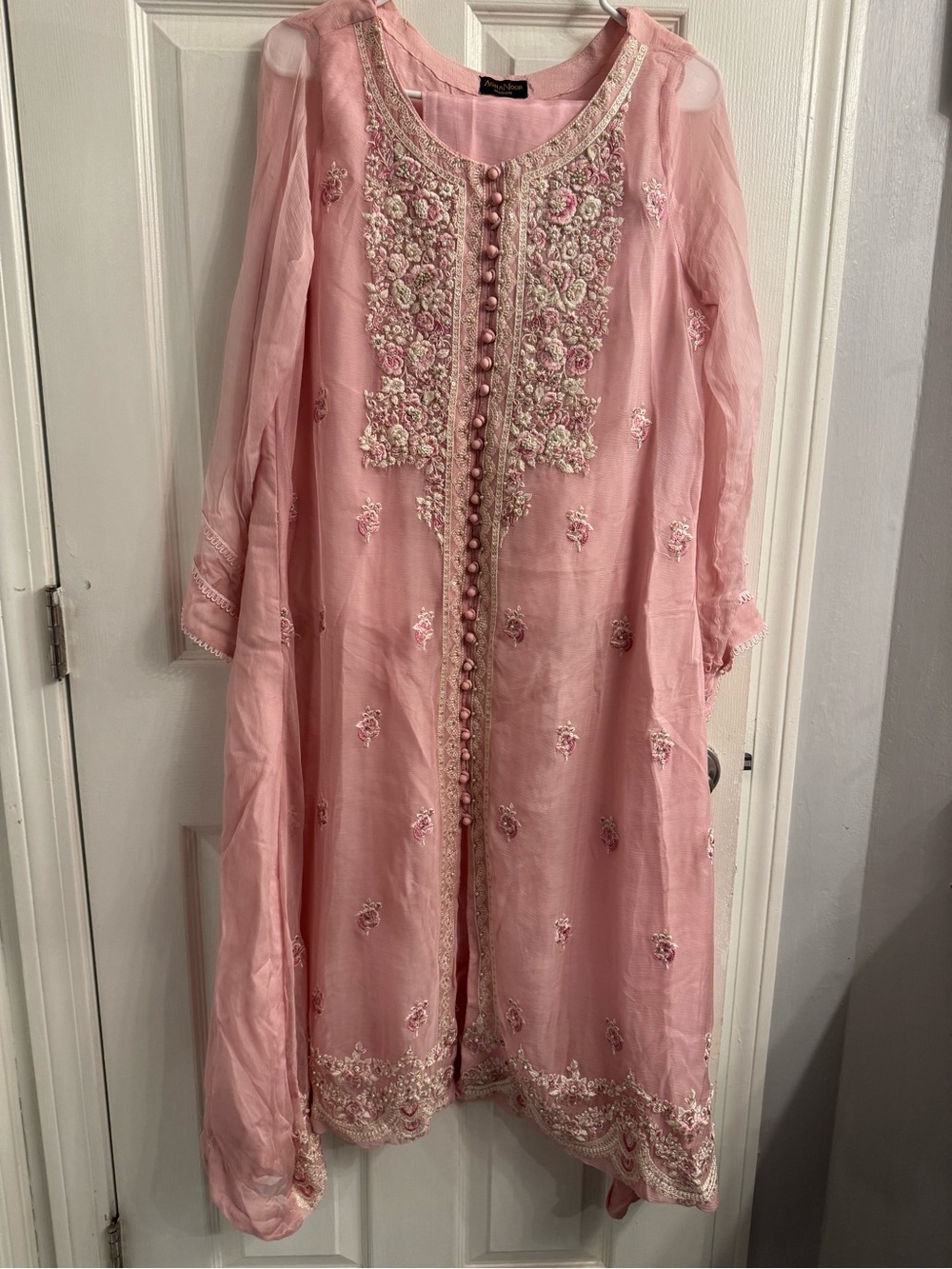 Elegant Pink Embroidered Long Sleeve Dress with Pearl-Front Detail